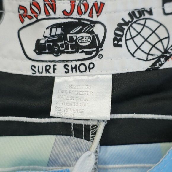 Ron Jon Cargo Pocket White Black Teal Green Patchwork Swim Trunks 38 / 9 High Ri - Picture 7 of 8